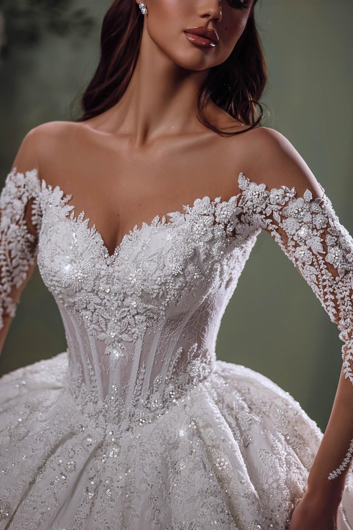 Dressystars White Wedding Dress Sweetheart Off The Shoulder Beaded Sequined Lace Sleeves Ball Gown Bridal Gown