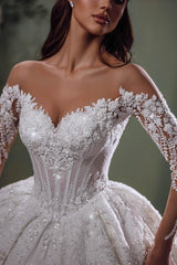 Dressystars White Wedding Dress Sweetheart Off The Shoulder Beaded Sequined Lace Sleeves Ball Gown Bridal Gown