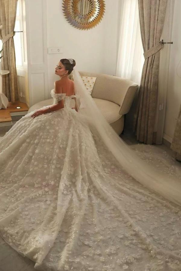 Dressystars White Wedding Dress Sweetheart Off The Shoulder Sequined Beaded Ball Gown Tulle Bridal Gown