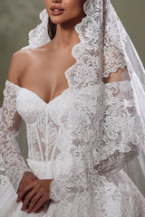 Dressystars White Wedding Dress Sweetheart Off The Shoulder Sleeves Ball Gown Cathedral Train Lace Bridal Gown