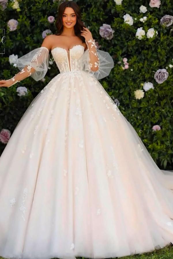 Dressystars White Wedding Dress Sweetheart Sleeveless Lace Ball Gown Tulle Bridal Gown With Appliques