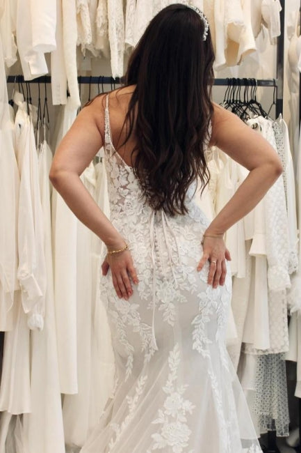Dressystars White Wedding Dress Sweetheart Spaghetti Strap Mermaid Tulle Court Train Lace Bridal Gown With Appliques