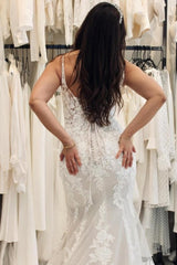Dressystars White Wedding Dress Sweetheart Spaghetti Strap Mermaid Tulle Court Train Lace Bridal Gown With Appliques