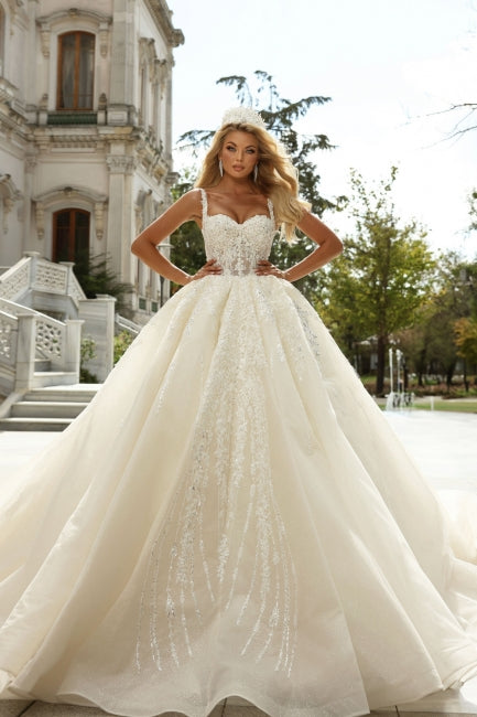 Dressystars White Wedding Dress Sweetheart Spaghetti Strap Sleeveless Sequined Lace Ball Gown Tulle Bridal Gown