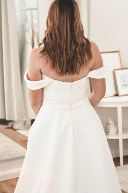Dressystars White Wedding Dress Sweetheart V Neck Off The Shoulder A Line Sleeveless Sweep Train Satin Bridal Gown