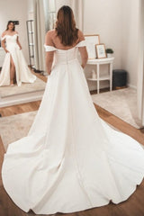 Dressystars White Wedding Dress Sweetheart V Neck Off The Shoulder A Line Sleeveless Sweep Train Satin Bridal Gown