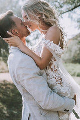 Dressystars White Wedding Dress V Neck Lace Mermaid Spaghetti Strap Off The Shoulder Cap Sleeves Bridal Gown