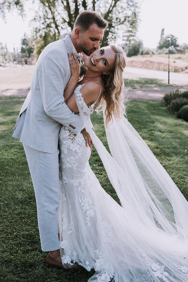 Dressystars White Wedding Dress V Neck Lace Mermaid Spaghetti Strap Off The Shoulder Cap Sleeves Bridal Gown