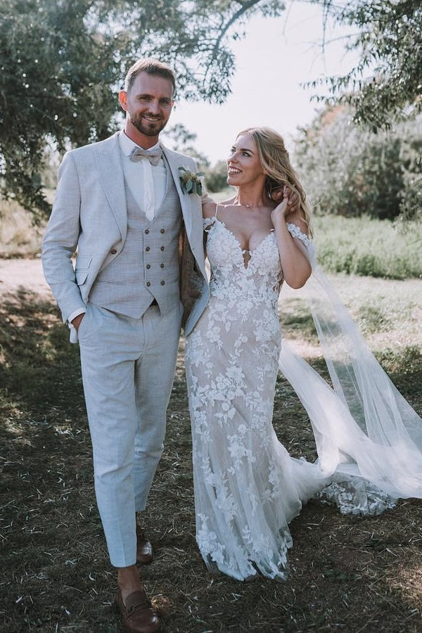 Dressystars White Wedding Dress V Neck Lace Mermaid Spaghetti Strap Off The Shoulder Cap Sleeves Bridal Gown
