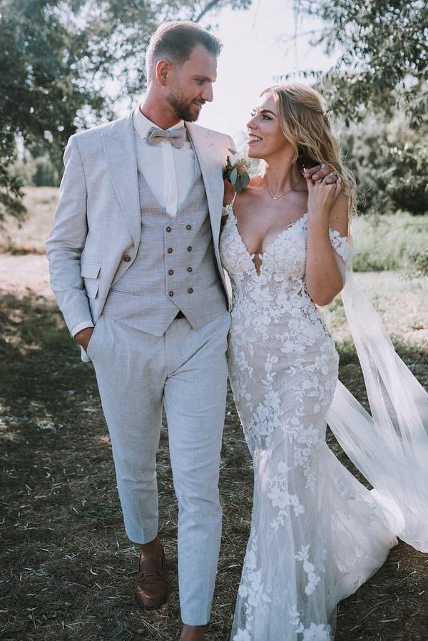 Dressystars White Wedding Dress V Neck Lace Mermaid Spaghetti Strap Off The Shoulder Cap Sleeves Bridal Gown