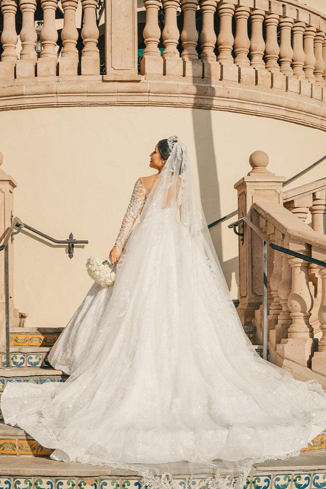 Dressystars White Wedding Dress V Neck Lace Sequined Ball Gown Sleeves Cathedral Train Bridal Gown