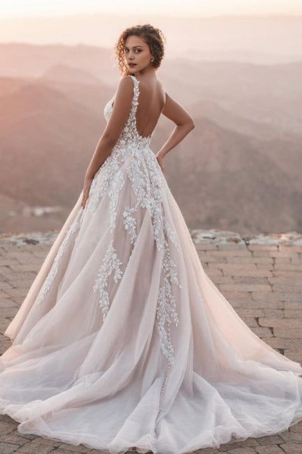 Dressystars White Wedding Dress V Neck Spaghetti Strap A Line Backless Tulle Lace Bridal Gown With Appliques