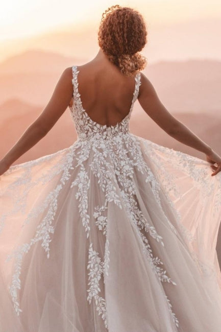 Dressystars White Wedding Dress V Neck Spaghetti Strap A Line Backless Tulle Lace Bridal Gown With Appliques