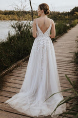 Dressystars White Wedding Dress V Neck Spaghetti Strap A Line Sweep Train Tulle Bridal Gown With Appliques