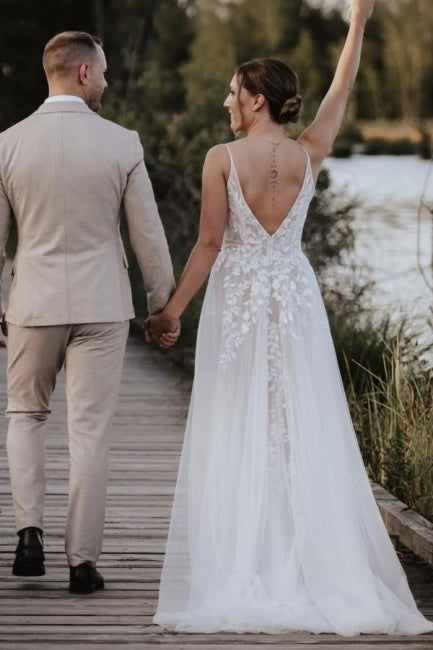 Dressystars White Wedding Dress V Neck Spaghetti Strap A Line Sweep Train Tulle Bridal Gown With Appliques