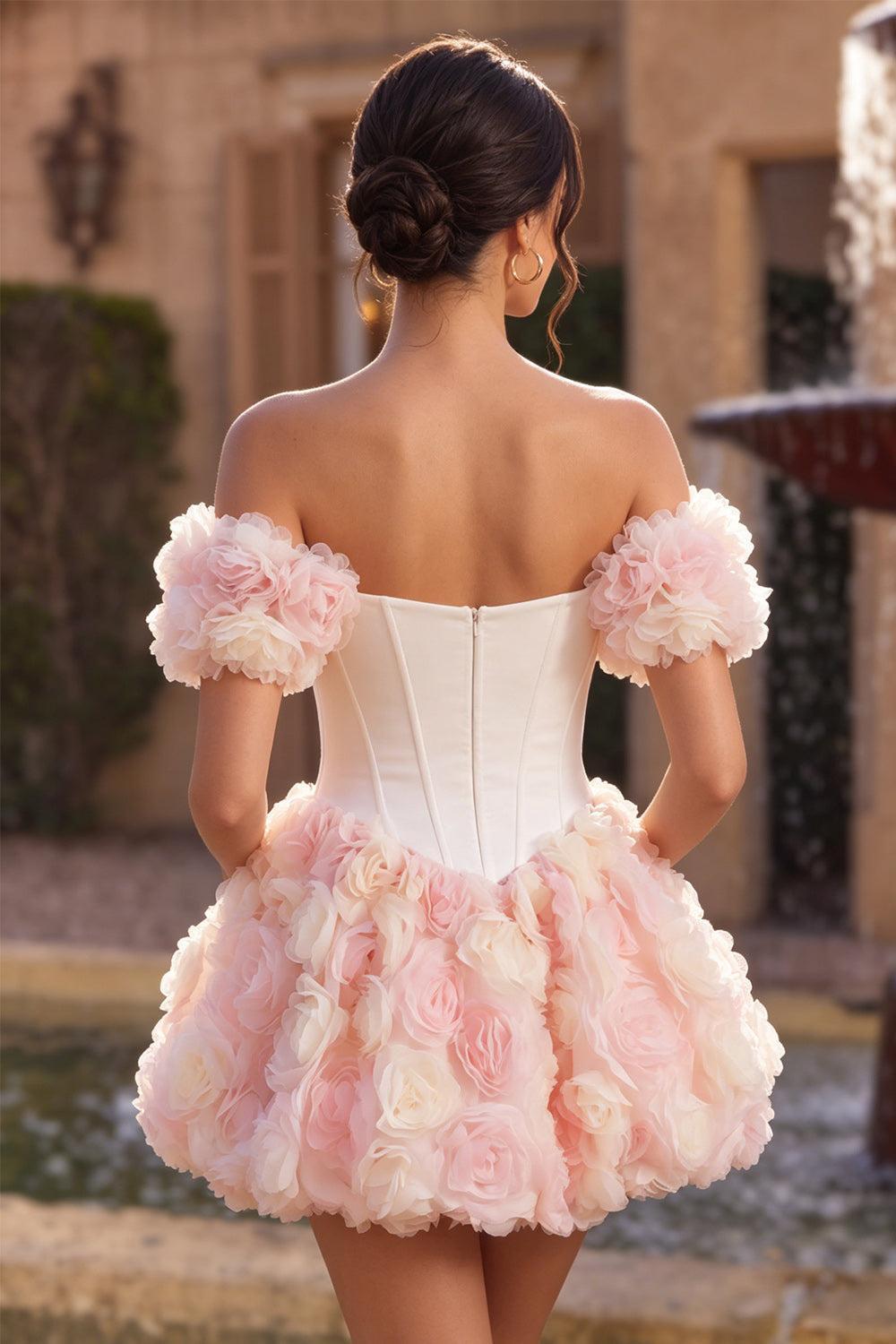 Dressystars White and Pink A-Line Corset Short Homecoming Dress with 3D Flowers