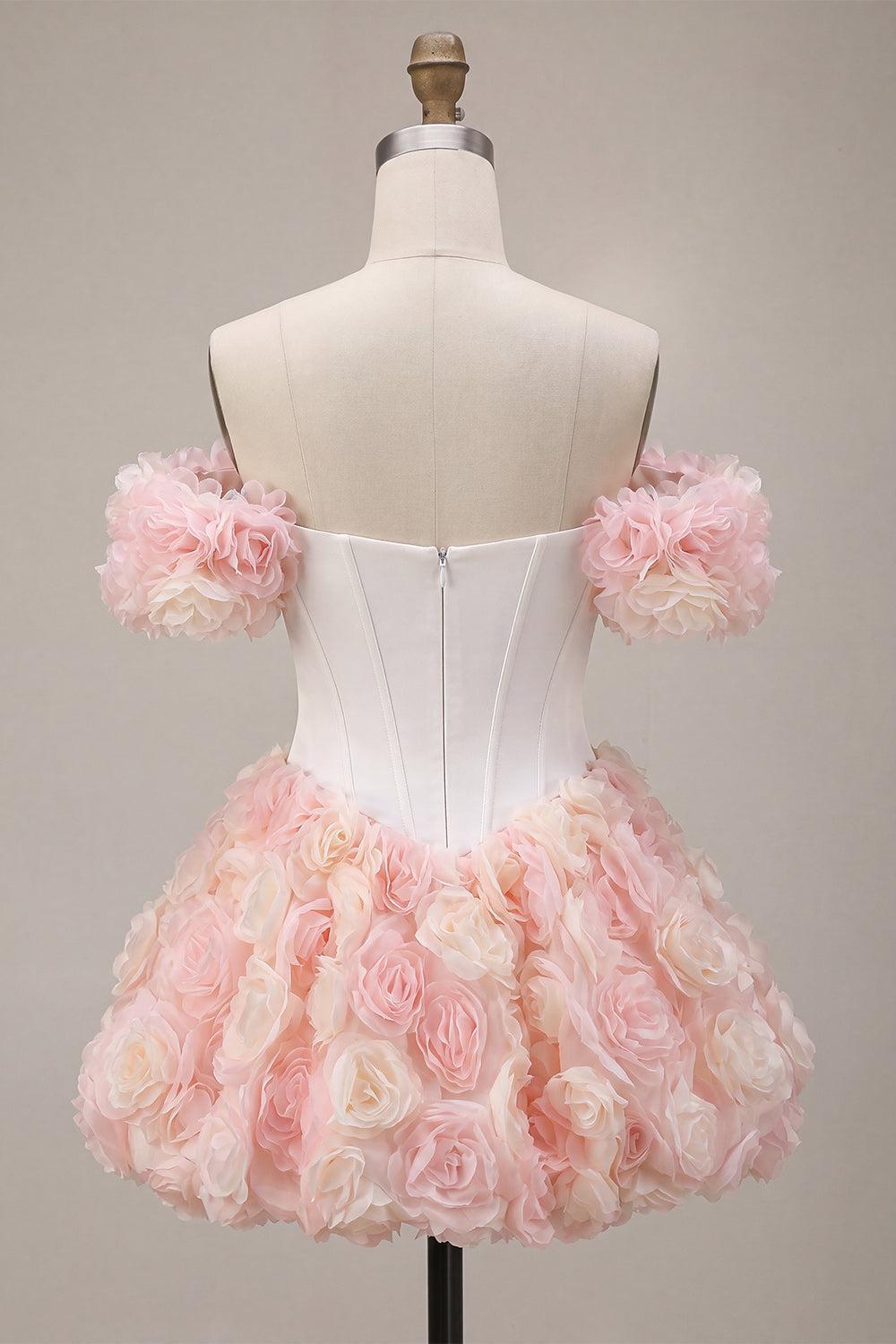 Dressystars White and Pink A-Line Corset Short Homecoming Dress with 3D Flowers