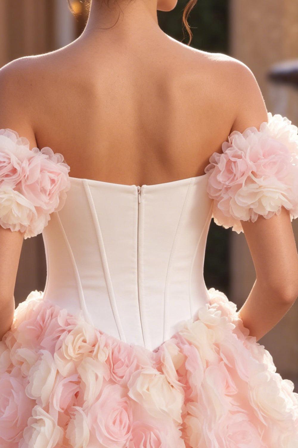 Dressystars White and Pink A-Line Corset Short Homecoming Dress with 3D Flowers