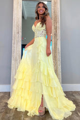 Dressystars Yellow A-Line Sweetheart Lace Top Long Chiffon Prom Dress With Ruffle Skirt Formal Evening Gown