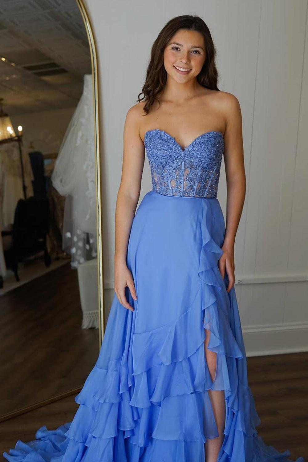 Dressystars Yellow A-Line Sweetheart Lace Top Long Chiffon Prom Dress With Ruffle Skirt Formal Evening Gown