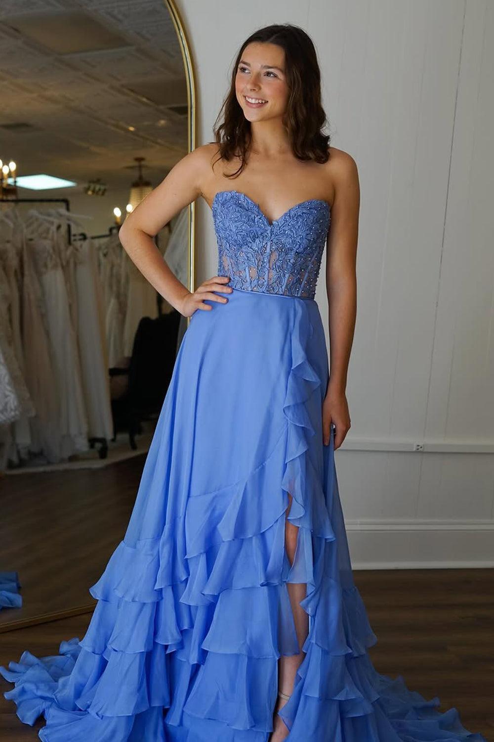 Dressystars Yellow A-Line Sweetheart Lace Top Long Chiffon Prom Dress With Ruffle Skirt Formal Evening Gown