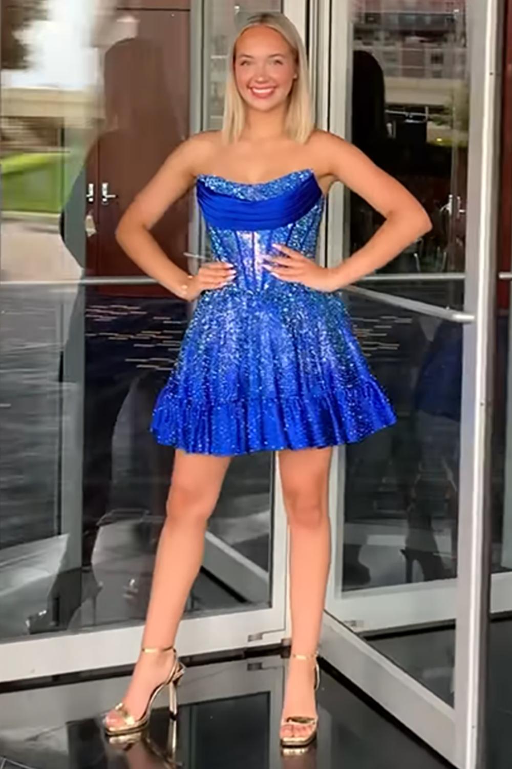 Dressystars Yellow Beaded Homecoming Dresses Strapless Short Corset Cocktail Dresses