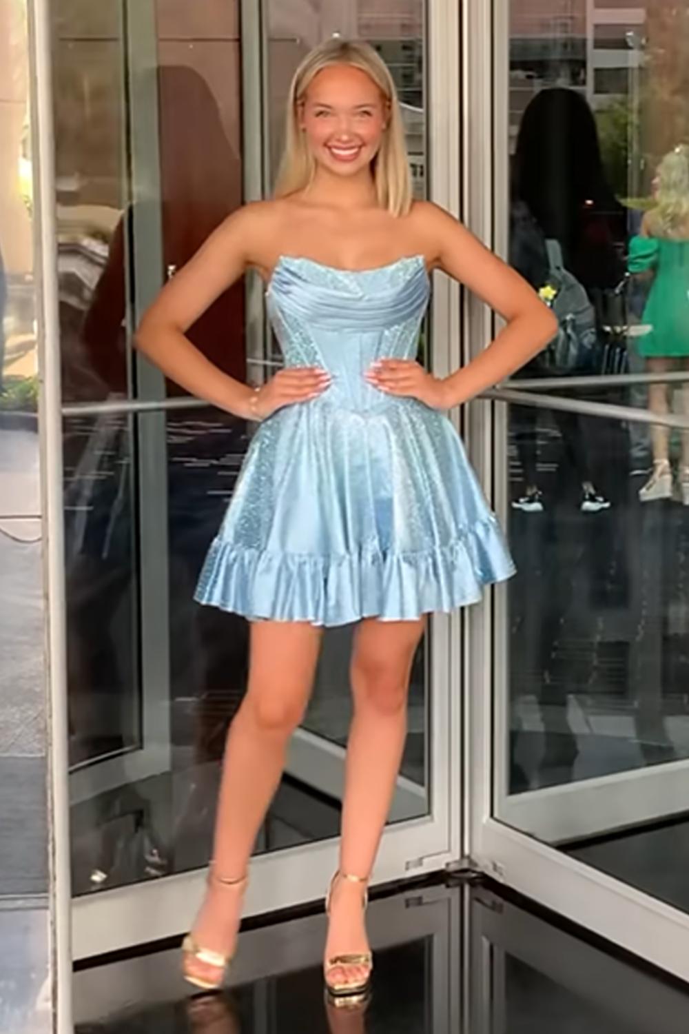 Dressystars Yellow Beaded Homecoming Dresses Strapless Short Corset Cocktail Dresses