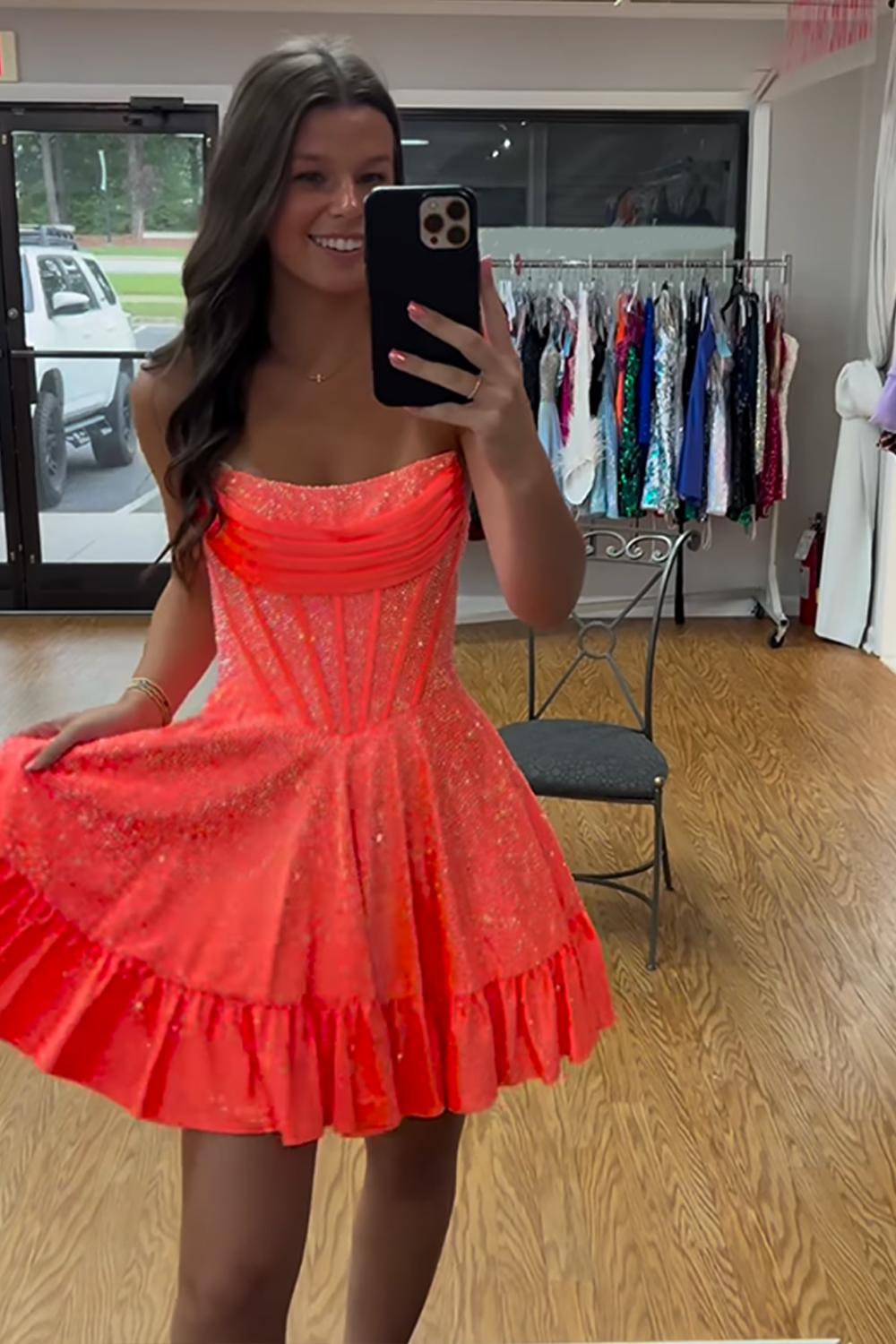 Dressystars Yellow Beaded Homecoming Dresses Strapless Short Corset Cocktail Dresses