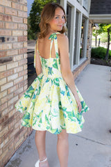 Dressystars Yellow Floral A Line Homecoming Dresses Satin Short Cocktail Dresses