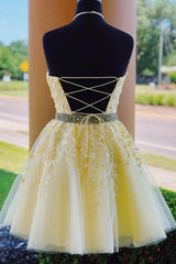 Dressystars Yellow Homecoming Dress A Line Halter Backless Prom Dress