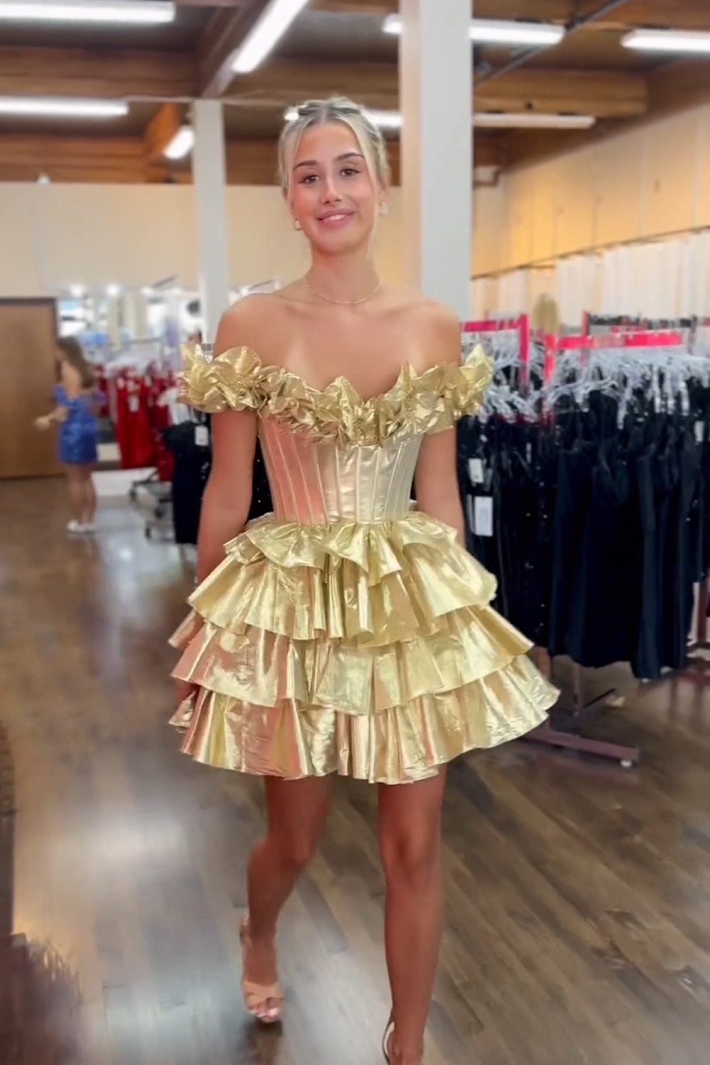 Dressystars Yellow Homecoming Dress Off The Shoulder Corset Short Prom Dress With Ruffles