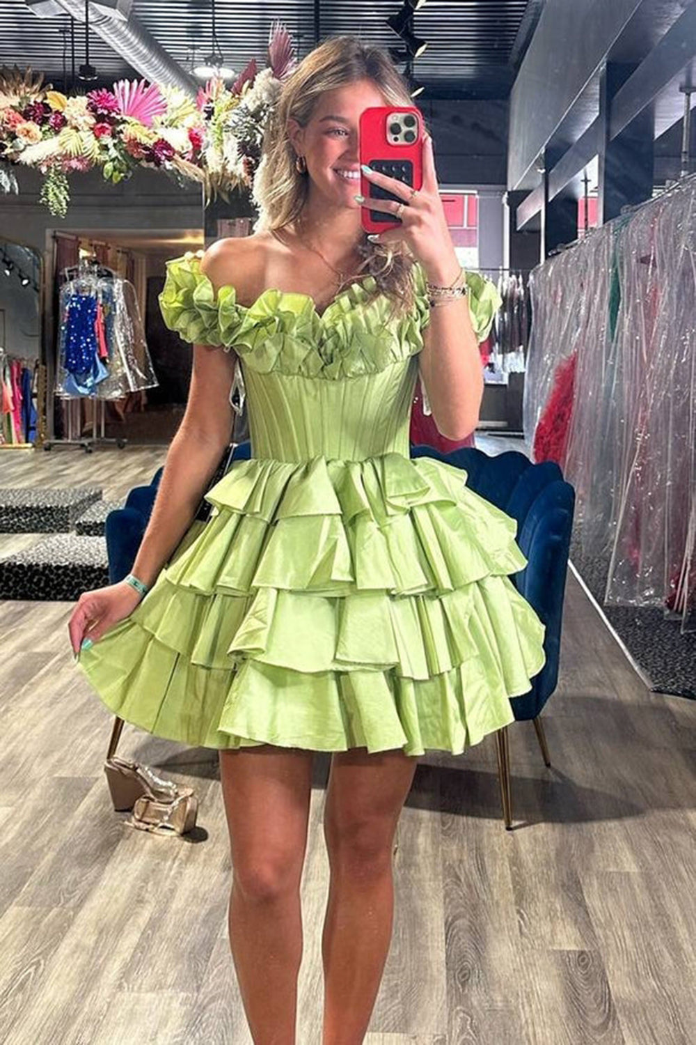 Dressystars Yellow Homecoming Dress Off The Shoulder Corset Short Prom Dress With Ruffles