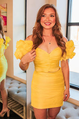 Dressystars Yellow Homecoming Dress Off The Shoulder Puff Sleeves Tight Short Prom Dress