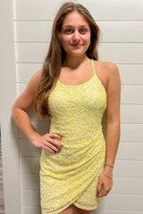 Dressystars Yellow Homecoming Dress Sequin Asymmetrical Tight Prom Dress