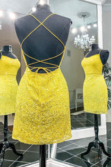 Dressystars Yellow Homecoming Dress Sequin Backless Short Prom Dress