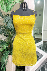 Dressystars Yellow Homecoming Dress Sequin Backless Short Prom Dress