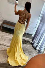 Dressystars Yellow Mermaid Prom Dress With Cutout Waist Lace Up Corset And Beaded Details Formal Evening Gown