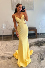 Dressystars Yellow Mermaid Prom Dress With Cutout Waist Lace Up Corset And Beaded Details Formal Evening Gown