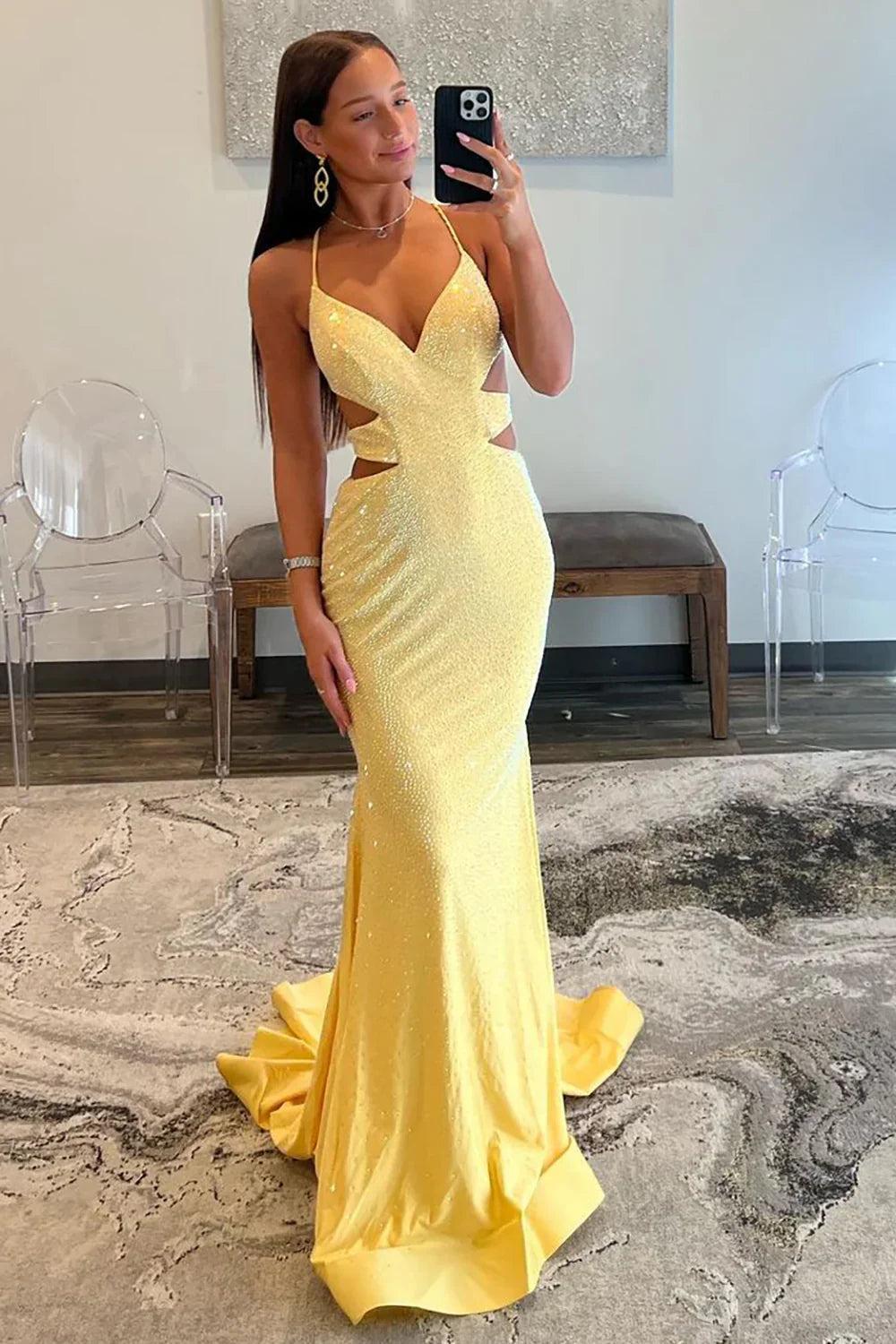 Dressystars Yellow Mermaid Prom Dress With Cutout Waist Lace Up Corset And Beaded Details Formal Evening Gown