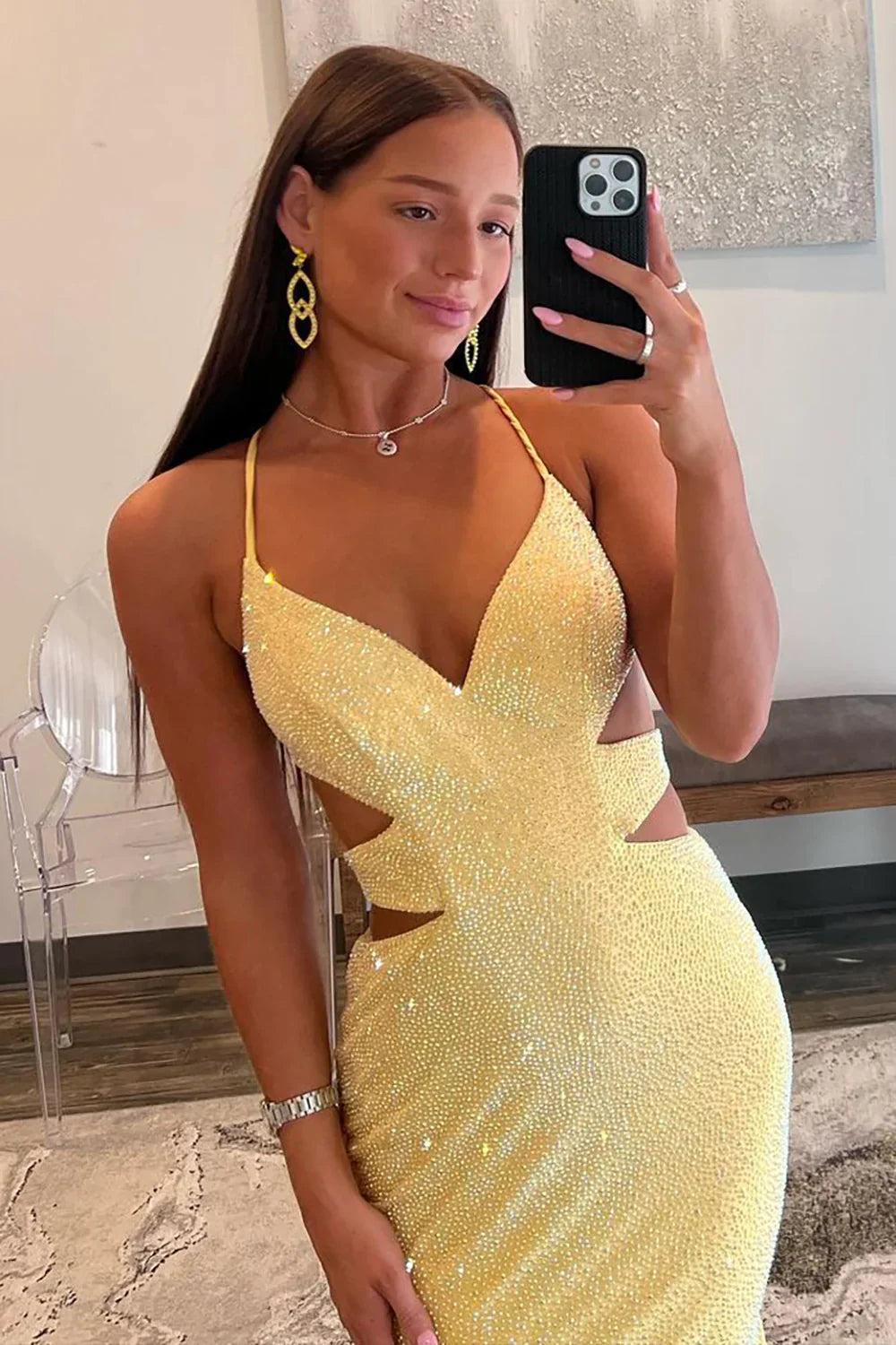 Dressystars Yellow Mermaid Prom Dress With Cutout Waist Lace Up Corset And Beaded Details Formal Evening Gown