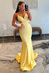 Dressystars Yellow Mermaid Prom Dress With Cutout Waist Lace Up Corset And Beaded Details Formal Evening Gown