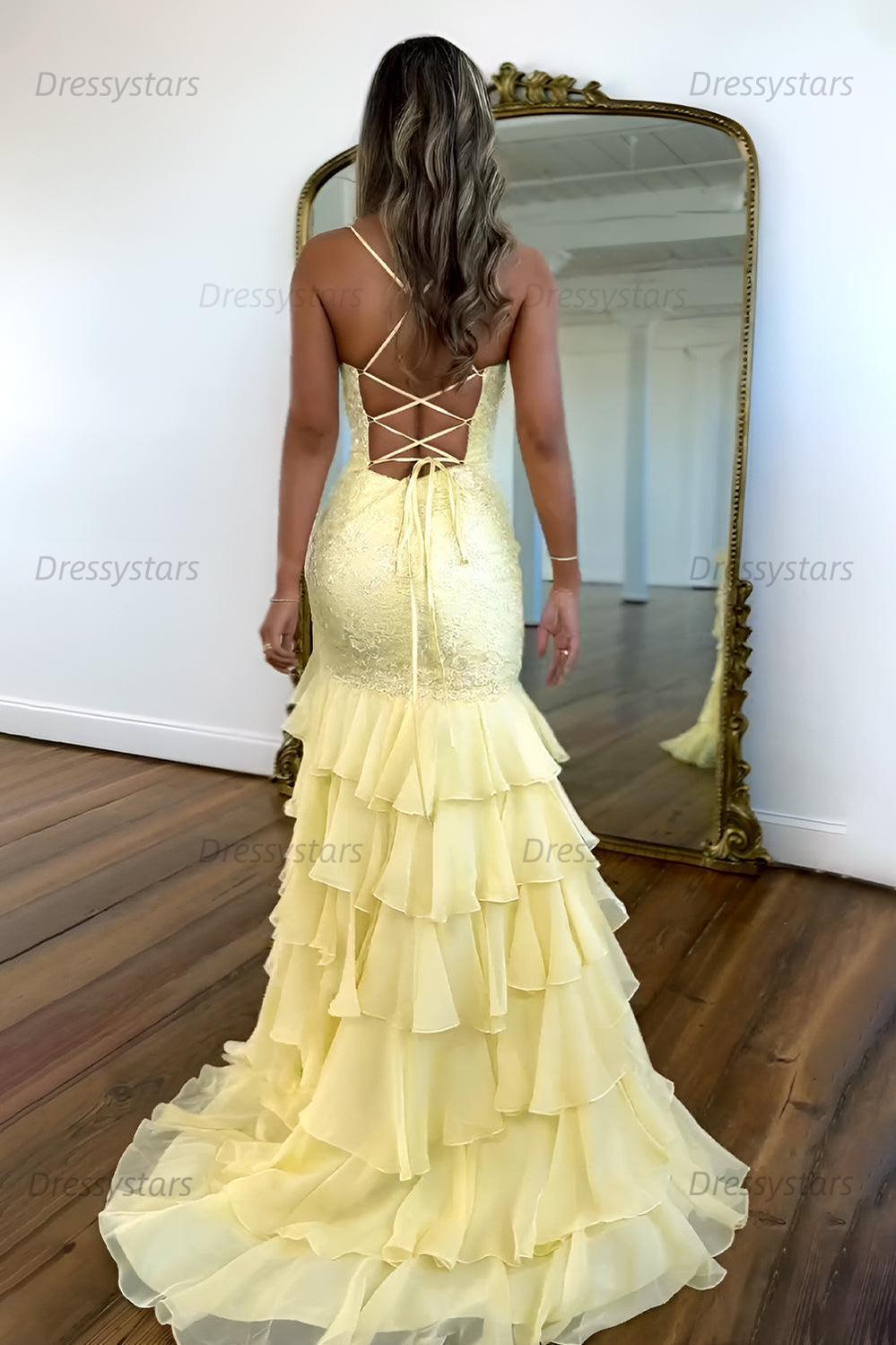 Dressystars Yellow Mermaid Spaghetti Straps Lace Up Long Prom Dress With Ruffle Skirt Formal Evening Gown