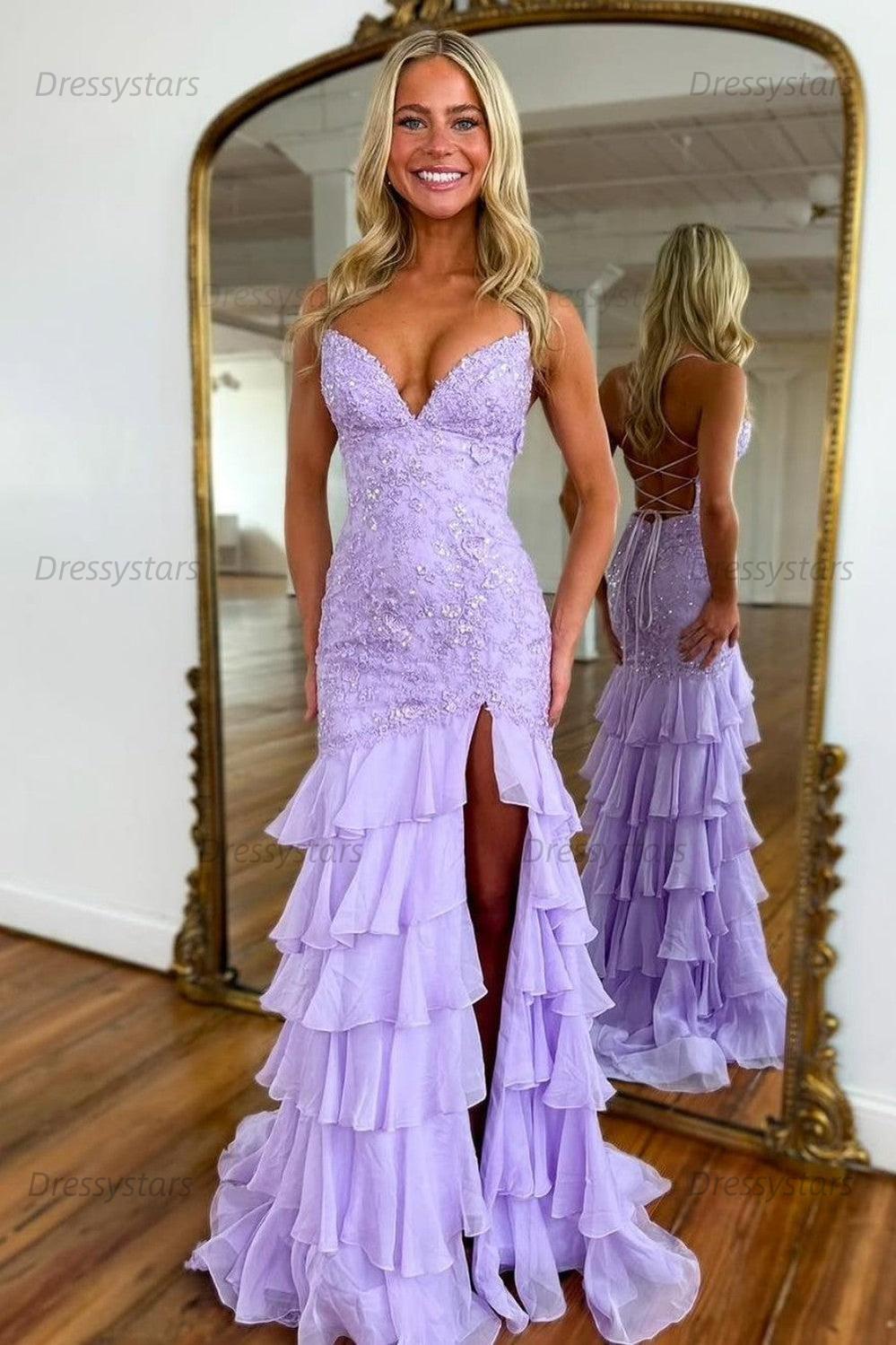 Dressystars Yellow Mermaid Spaghetti Straps Lace Up Long Prom Dress With Ruffle Skirt Formal Evening Gown