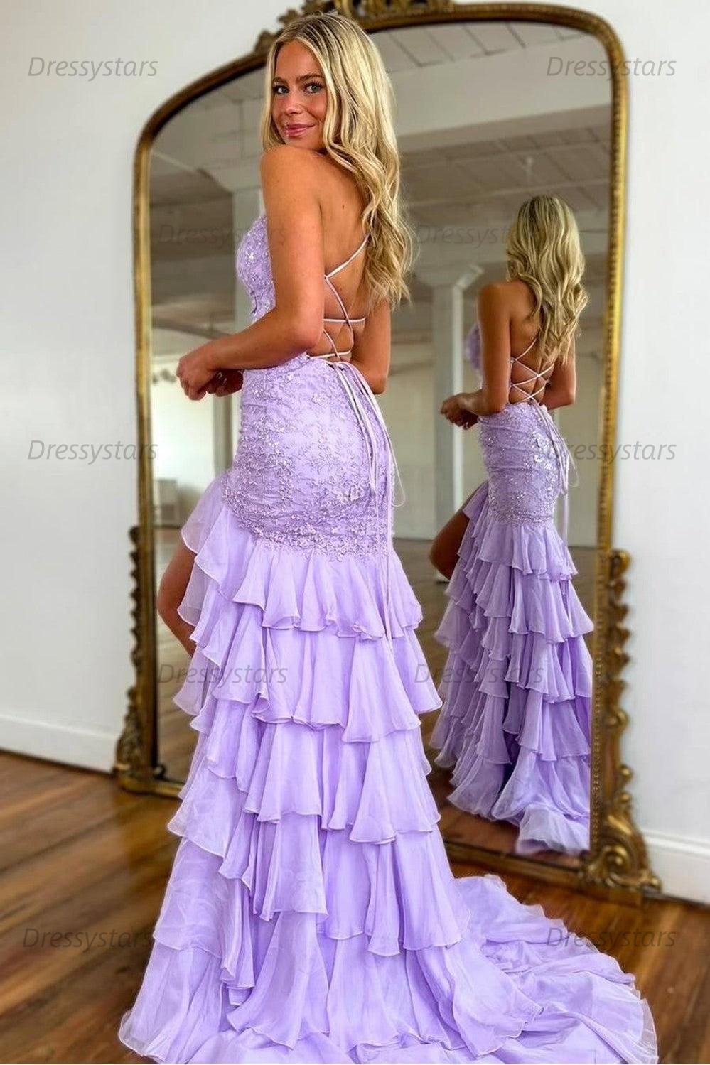 Dressystars Yellow Mermaid Spaghetti Straps Lace Up Long Prom Dress With Ruffle Skirt Formal Evening Gown