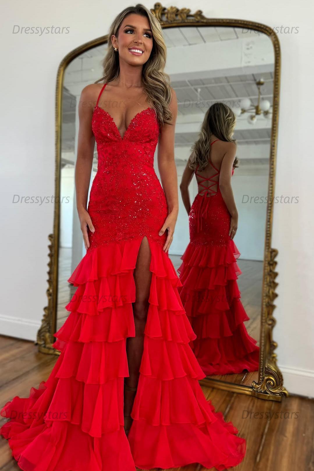 Dressystars Yellow Mermaid Spaghetti Straps Lace Up Long Prom Dress With Ruffle Skirt Formal Evening Gown