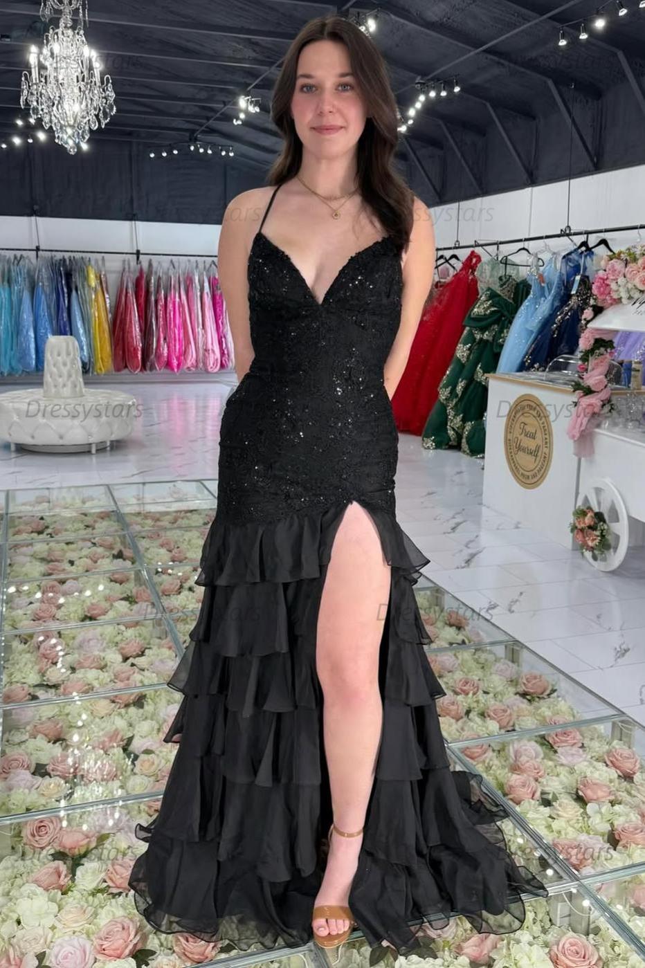 Dressystars Yellow Mermaid Spaghetti Straps Lace Up Long Prom Dress With Ruffle Skirt Formal Evening Gown