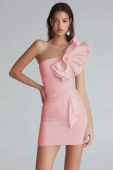 Dressystars Yellow Satin Satin One Shoulder Short Tight Homecoming Dress with Ruffles