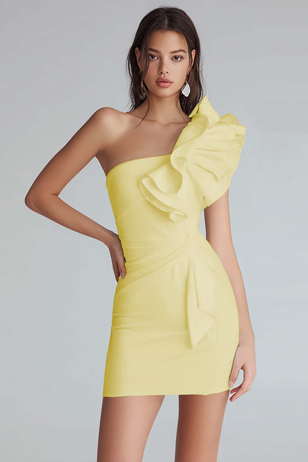 Dressystars Yellow Satin Satin One Shoulder Short Tight Homecoming Dress with Ruffles
