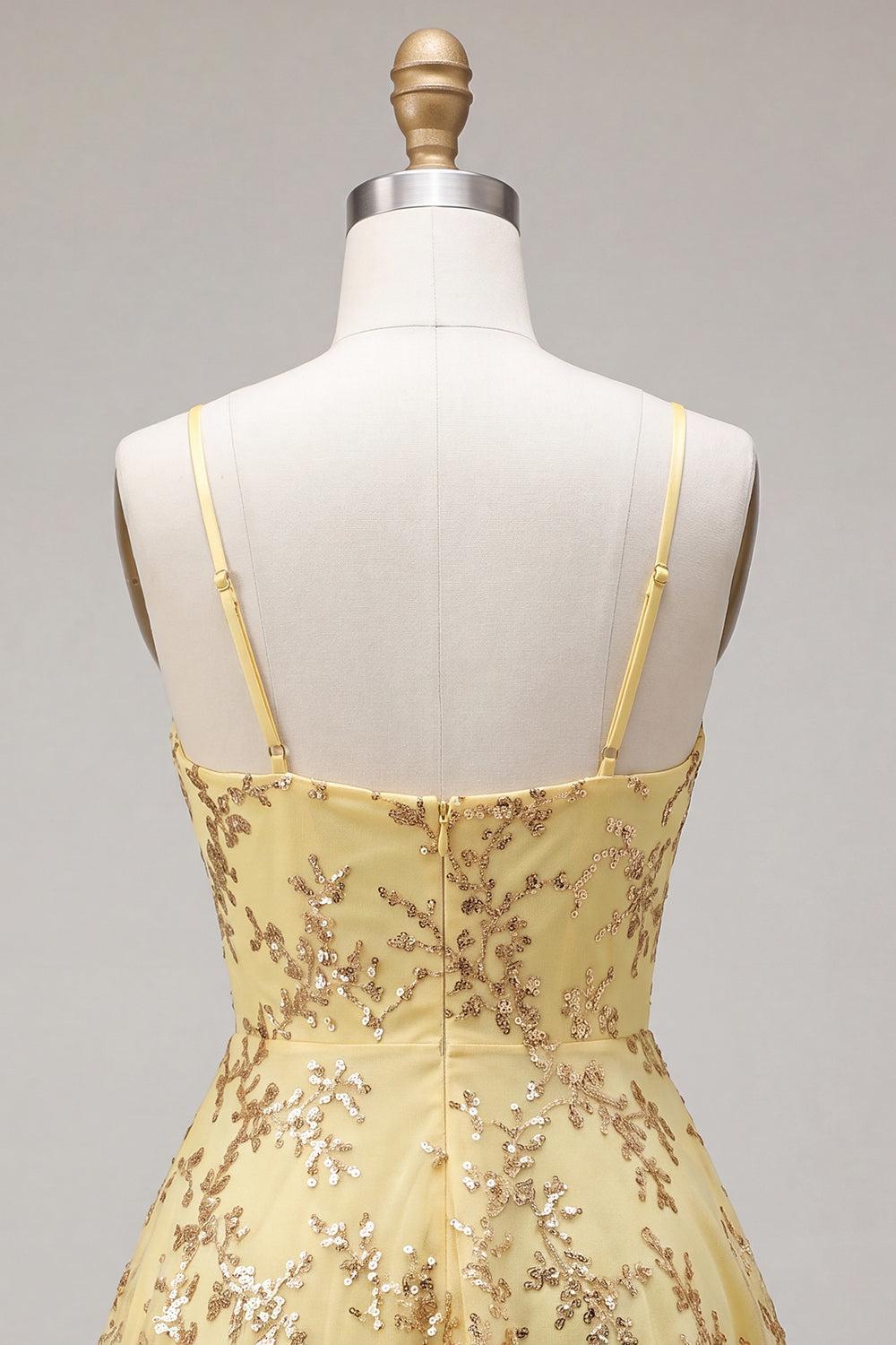 Dressystars Yellow Spaghetti Straps Sequin A-Line Short Homecoming Dress
