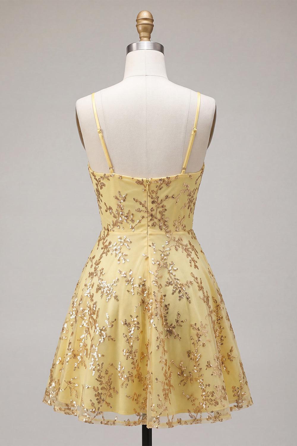 Dressystars Yellow Spaghetti Straps Sequin A-Line Short Homecoming Dress